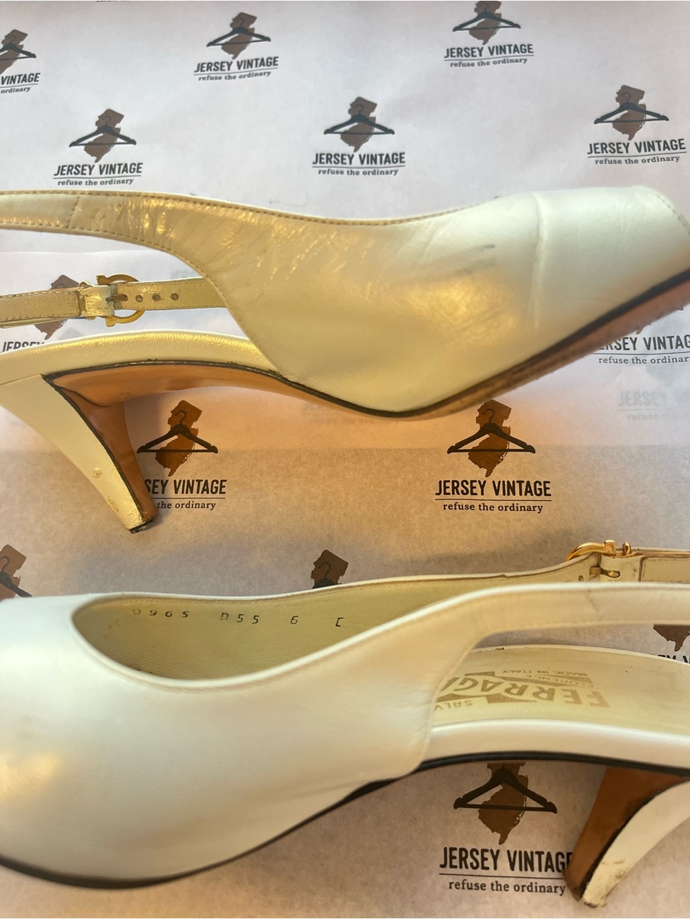 Salvatore Ferragamo Cream Leather Slingback Peep-Toe Heels - Picture 2 of 5